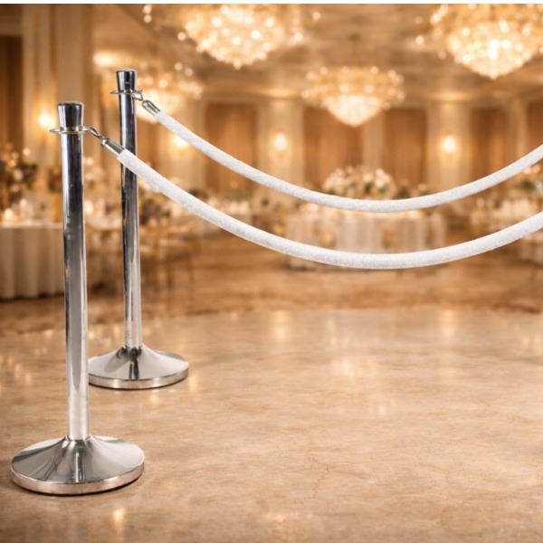 Wit fluwelen afzetkoord met chrome haken Wit fluwelen afzetkoord met chrome haken